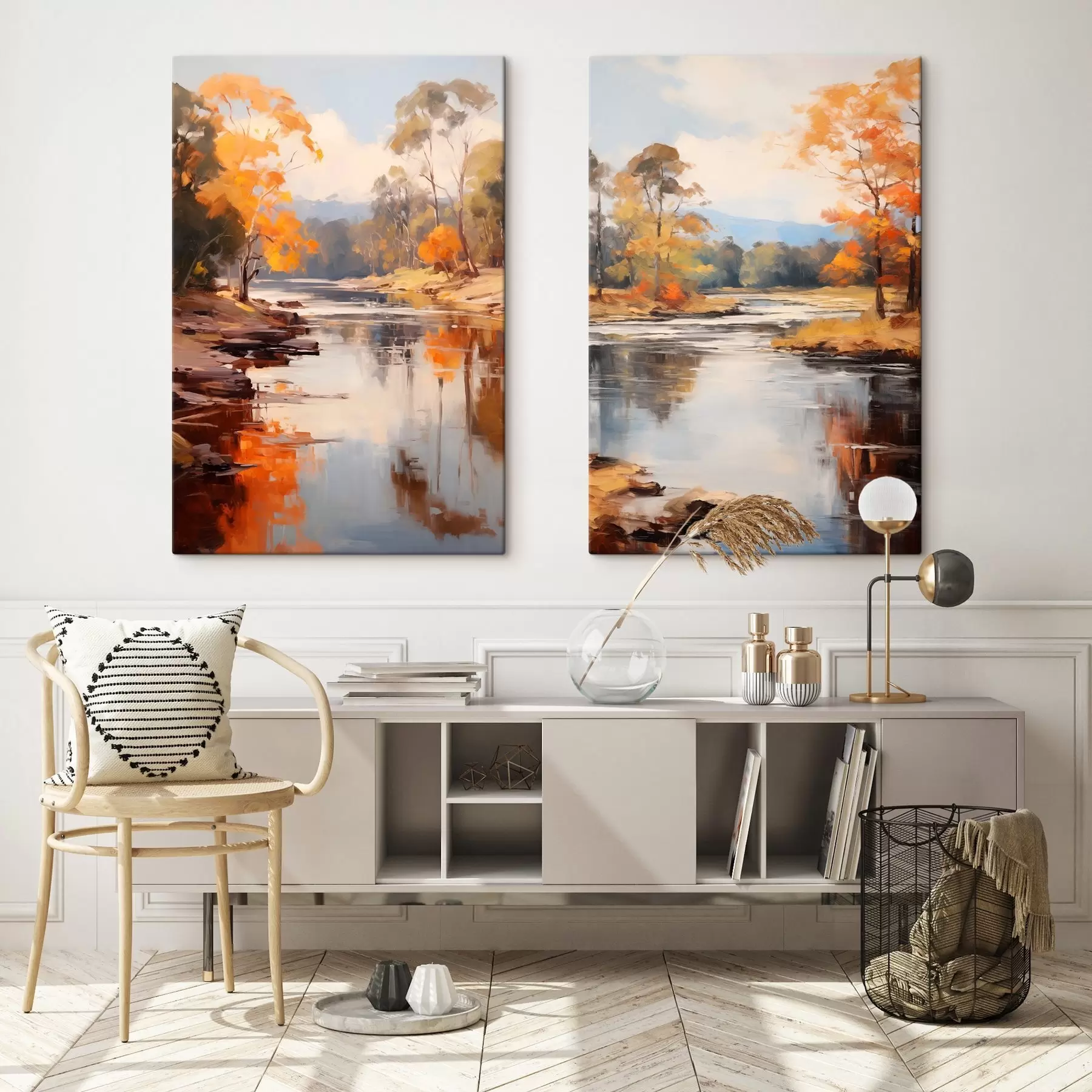 Картина Осінній пейзаж, річка з деревами на березі, ліс на задньому плані, відблиски на воді m00883