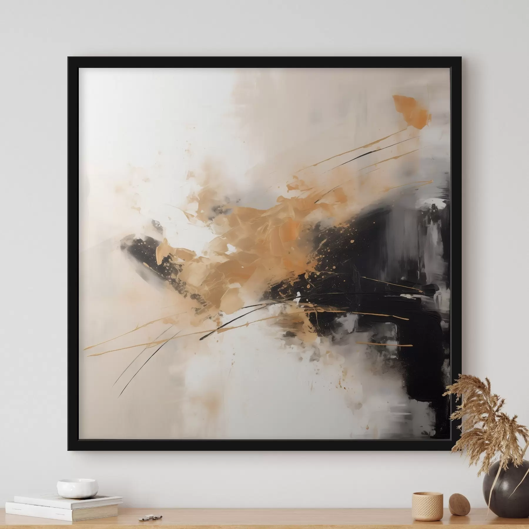 Картина Помаранчеві та чорні штрихи, сучасна абстракція f46327