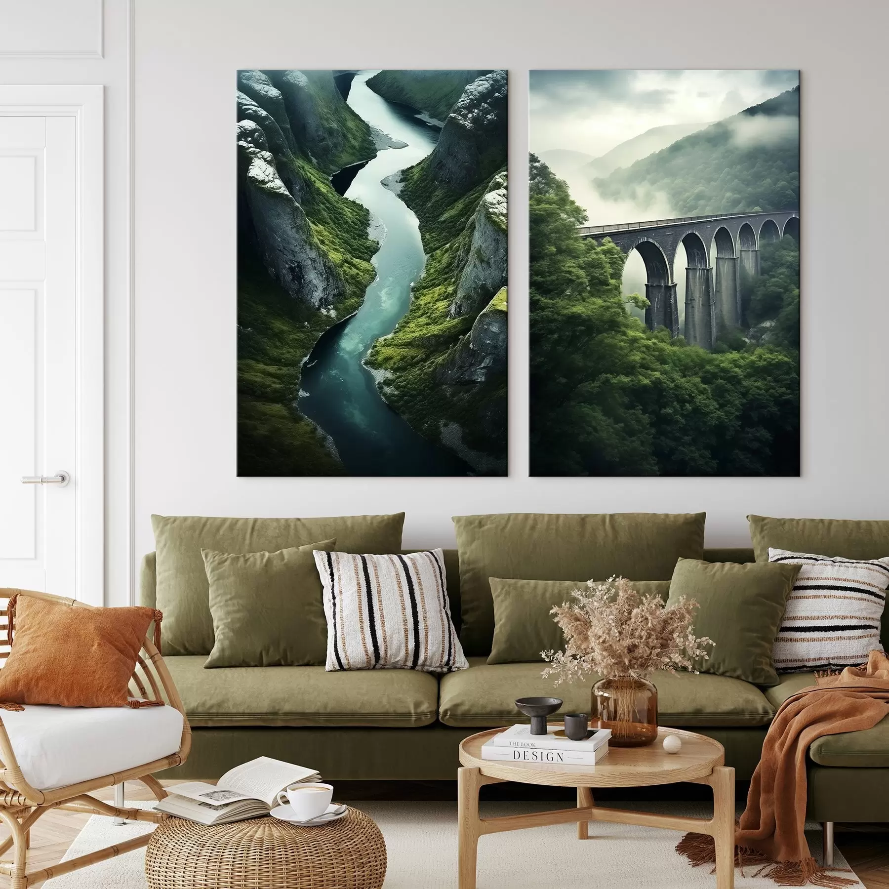 Картина Повітряний каньйон річки та туманний віадук серед зелених пагорбів m00967