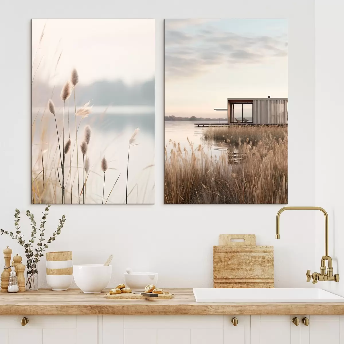 Картина М'які очерети біля спокійного озера і сучасна хатина на березі m00970