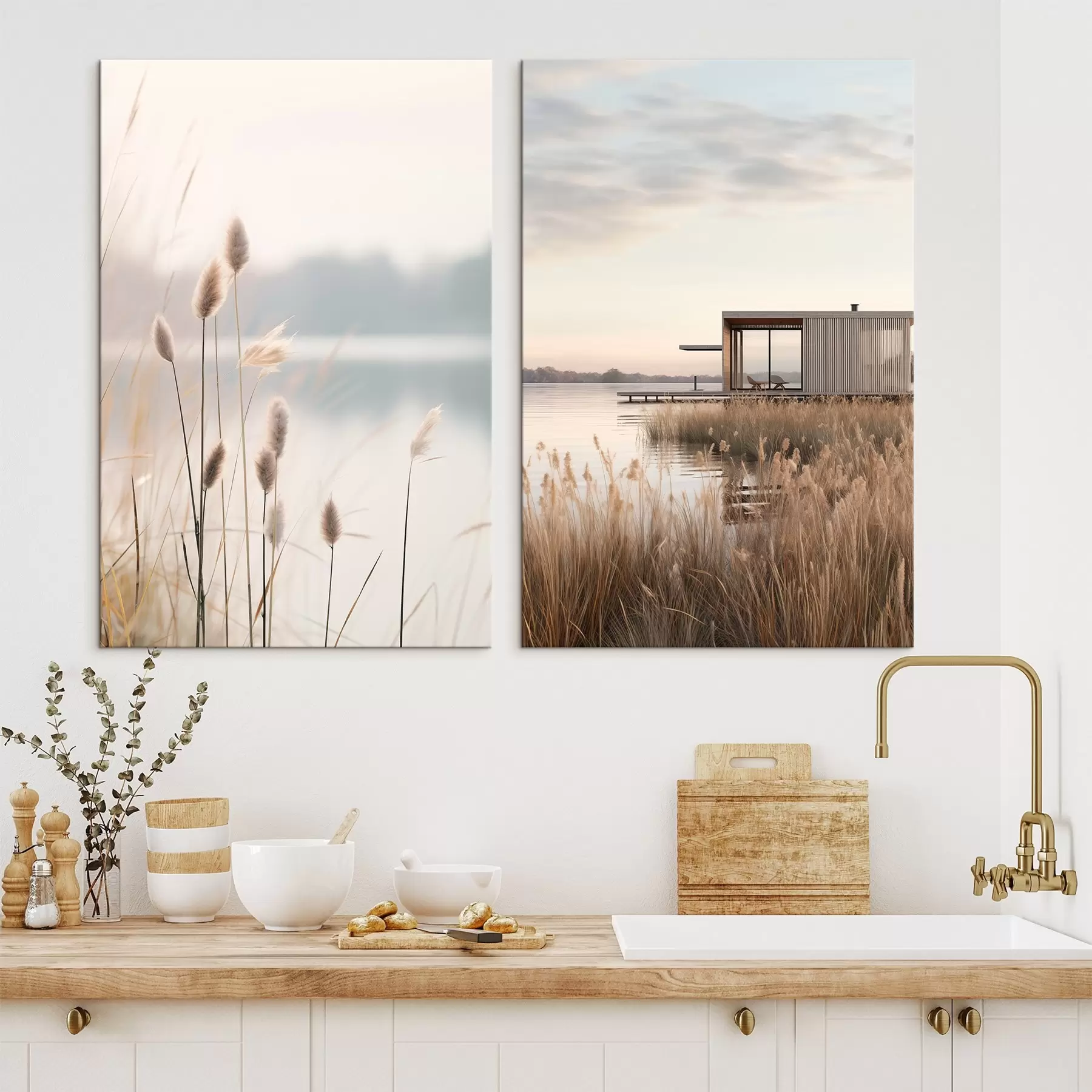 Картина М'які очерети біля спокійного озера і сучасна хатина на березі m00970