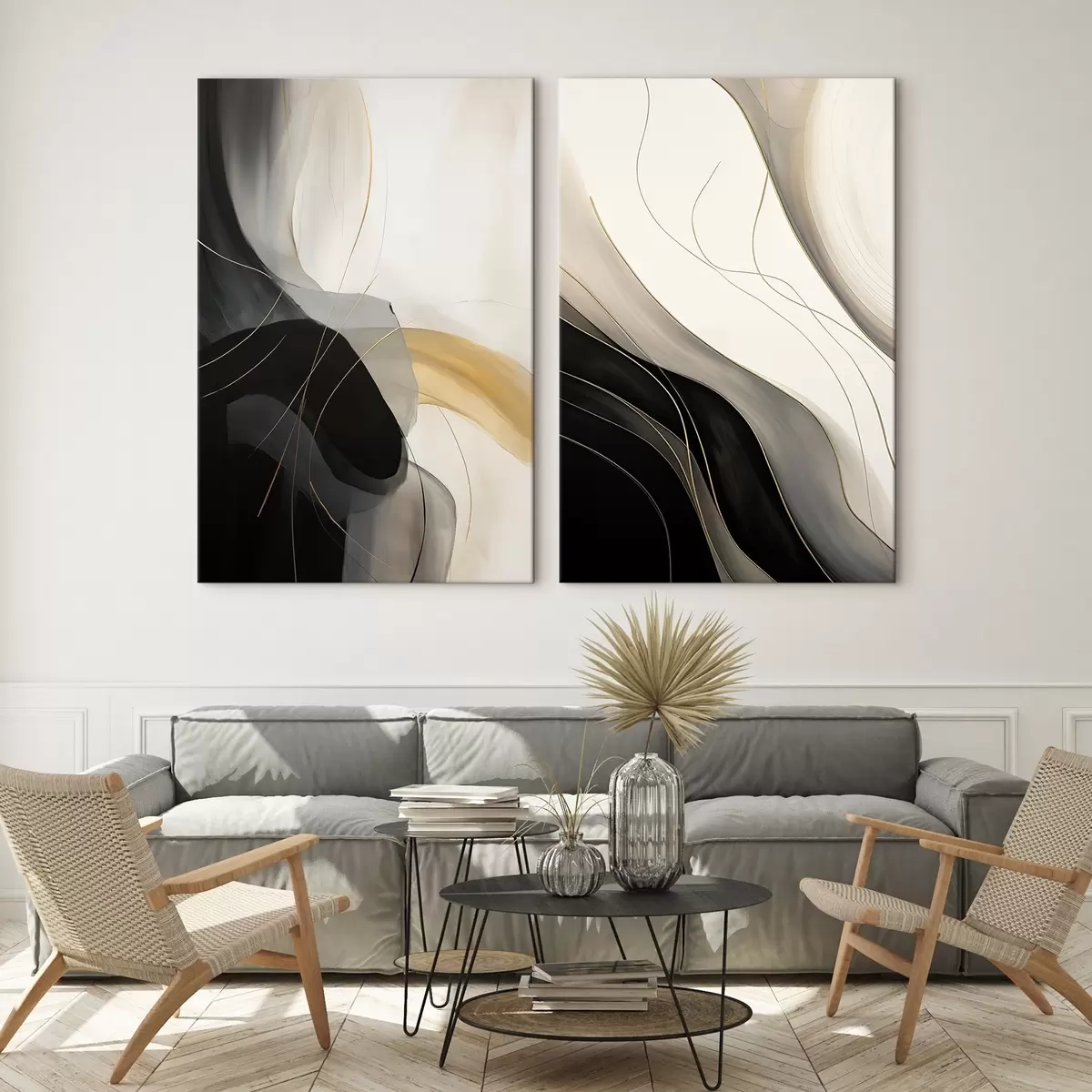 Картина Монохромні криві з тонкими металевими нитками m00972