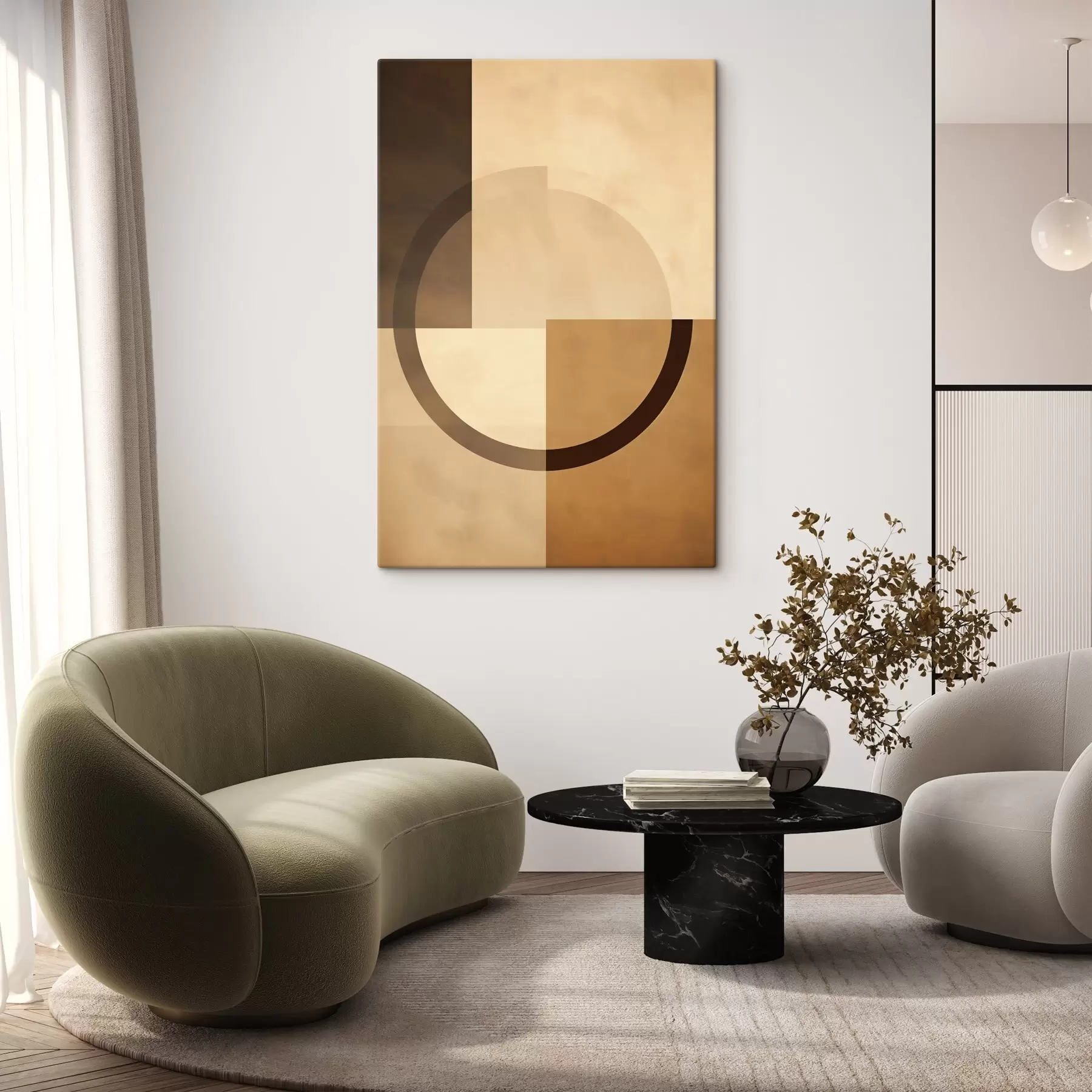 Картина Приглушені квадрати з напівпрозорим кільцем, тепла землиста палітра s46498
