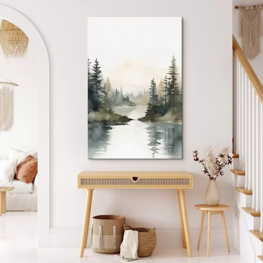 Картина Туманний хвойний ліс над спокійною річкою, акварельний стиль s46507