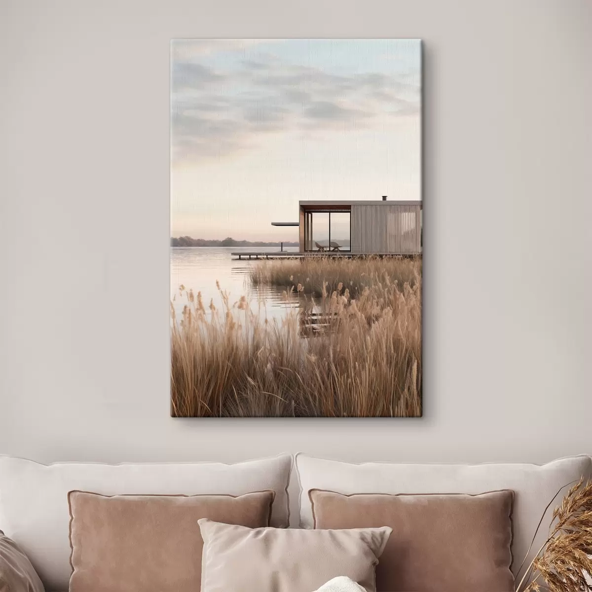 Картина Сучасна хатина на березі озера серед очерету в м'якому сутінку s46513