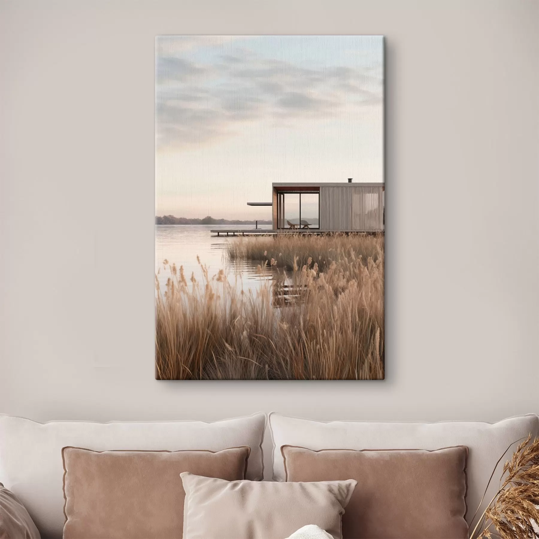 Картина Сучасна хатина на березі озера серед очерету в м'якому сутінку s46513