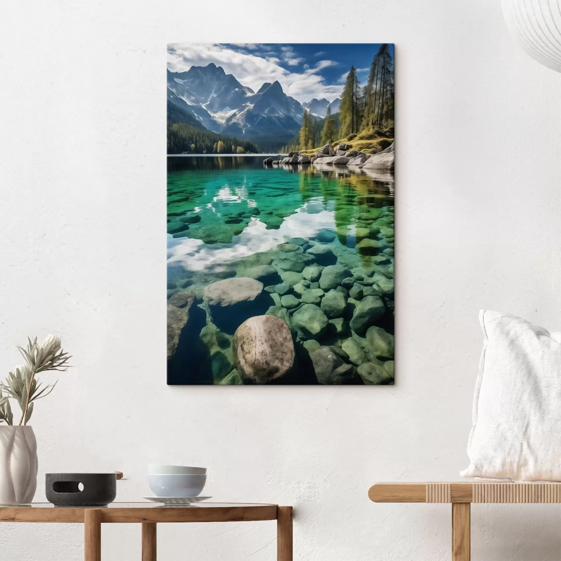 Картина Смарагдове альпійське озеро з скелями під ним і високими вершинами s46515