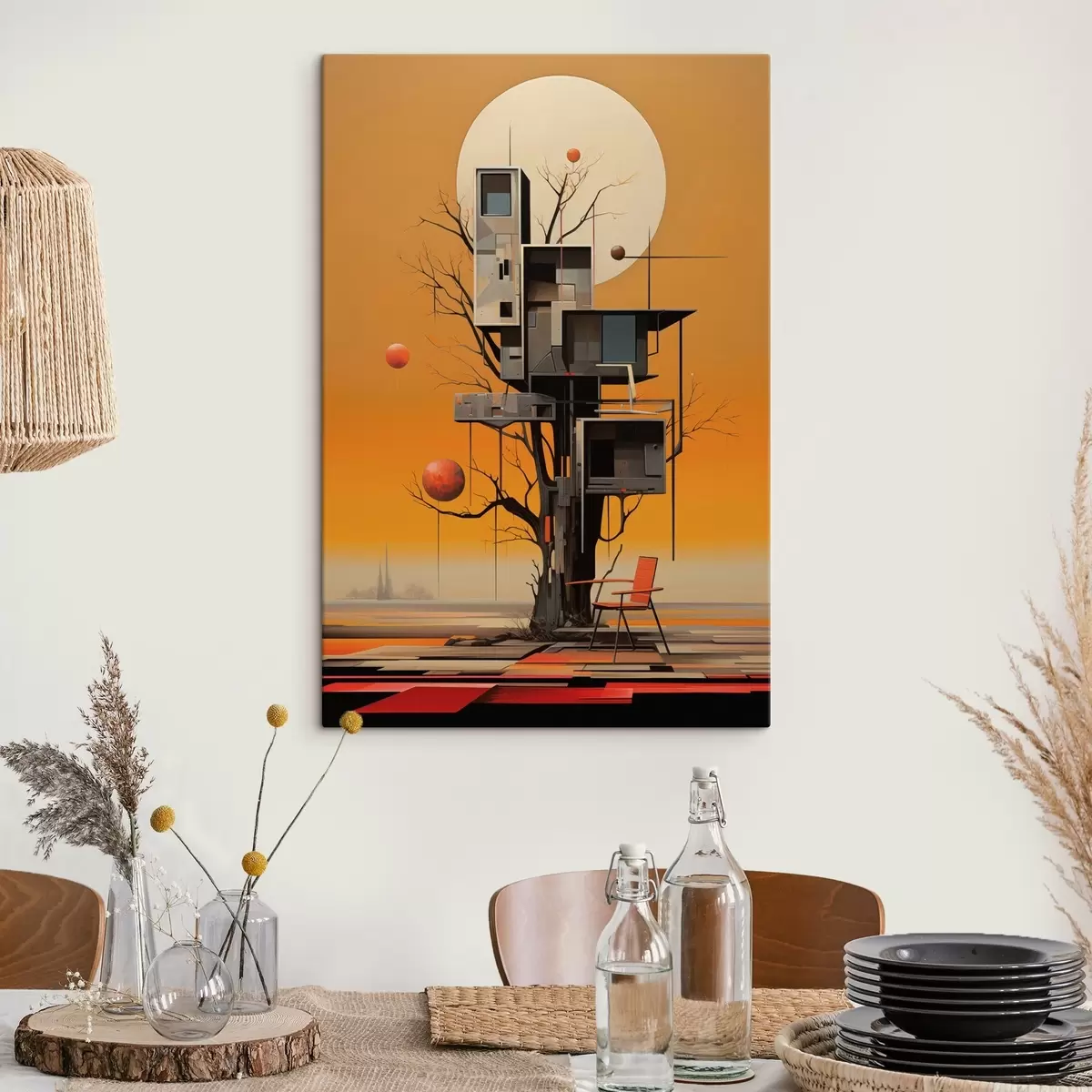 Картина Сюрреалістичний будиночок на дереві на помаранчевому тлі s46526