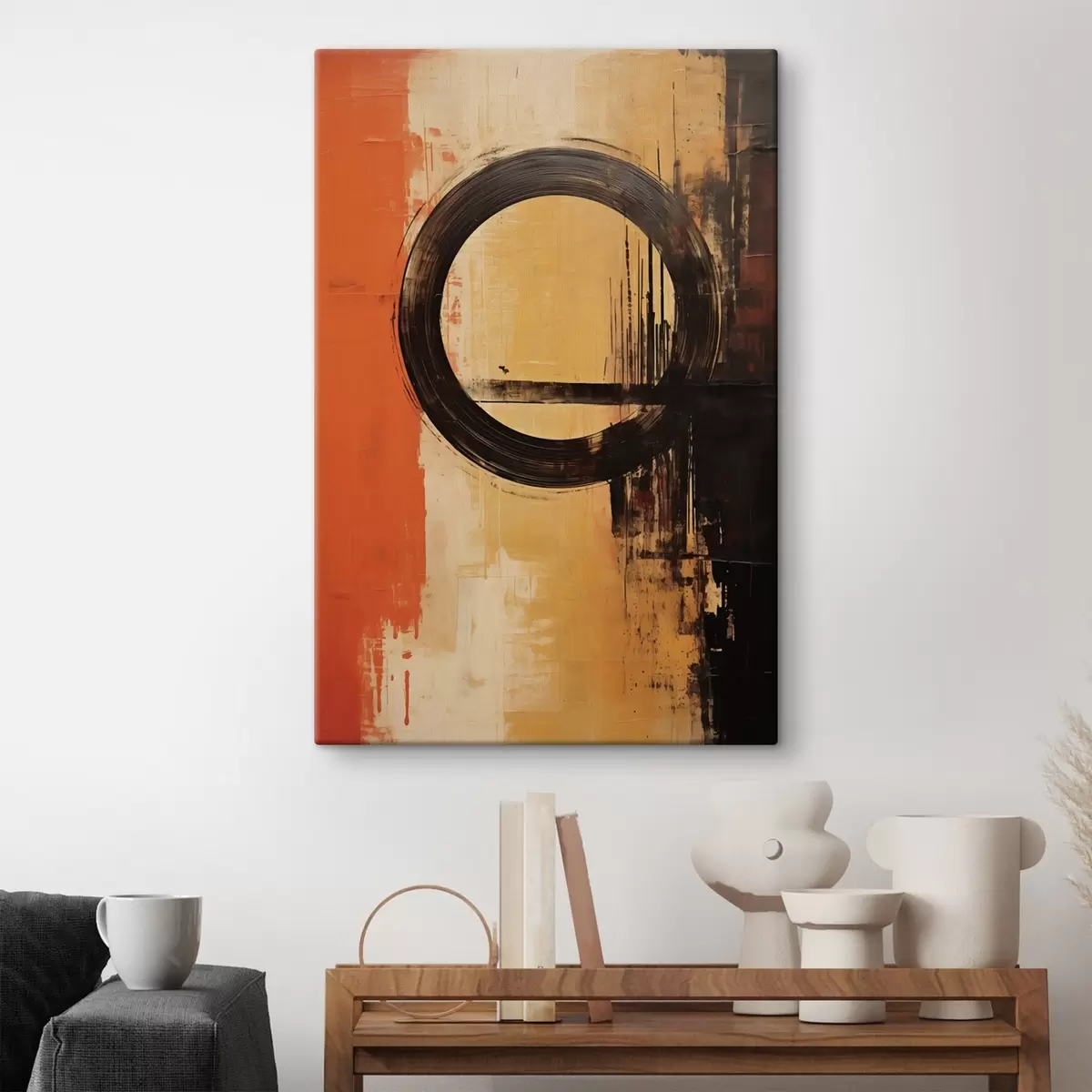 Картина Абстрактний малюнок з чорним кільцем на теракотово-піщаному тлі s46529