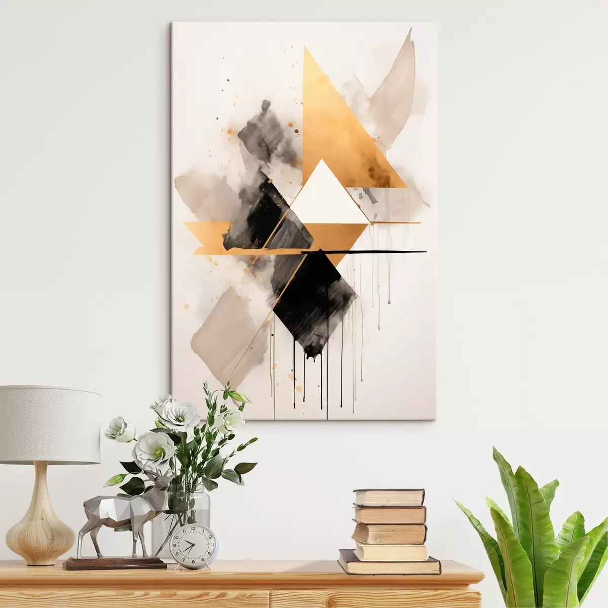 Картина Геометрія з трикутниками та чорним ромбом, бежеві штрихи s46539