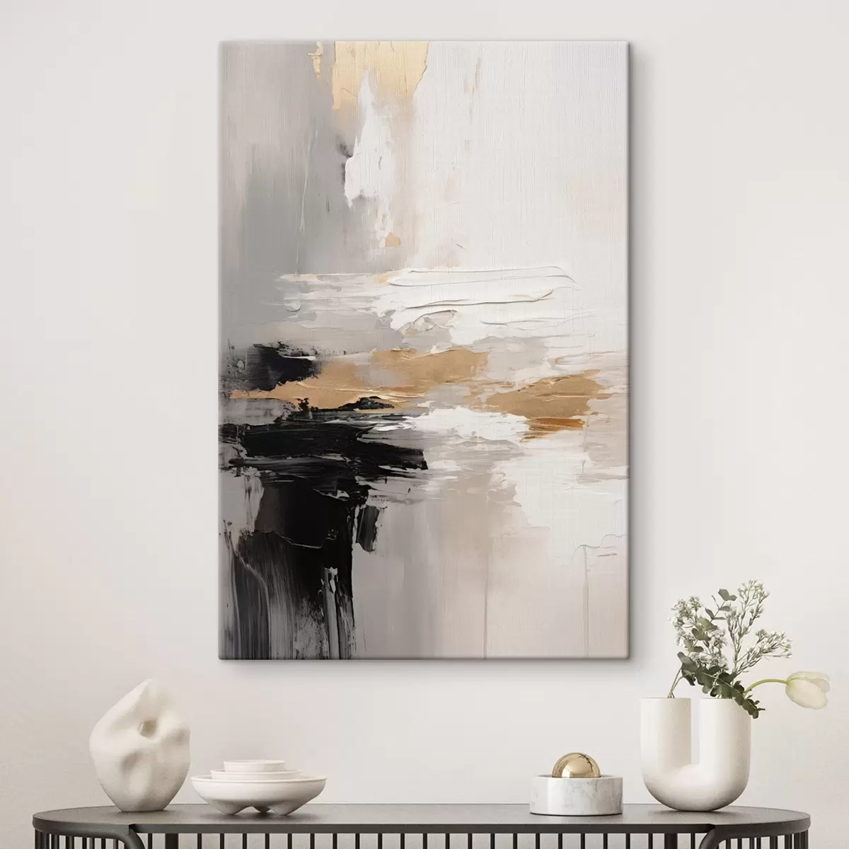 Картина Мазки в нюдових тонах з контрастним чорним і охристим шаром s46544
