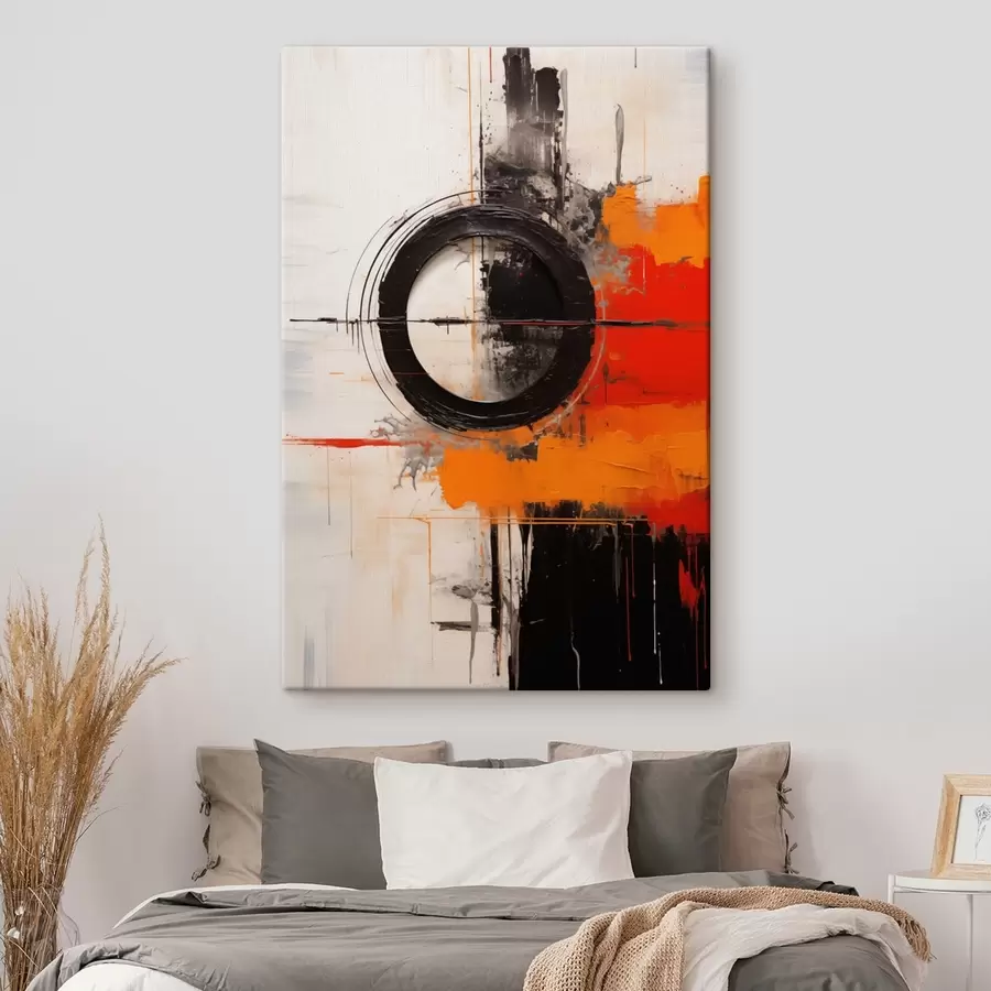 Картина Чорне коло на білому тлі, помаранчеві штрихи та бризки s46549