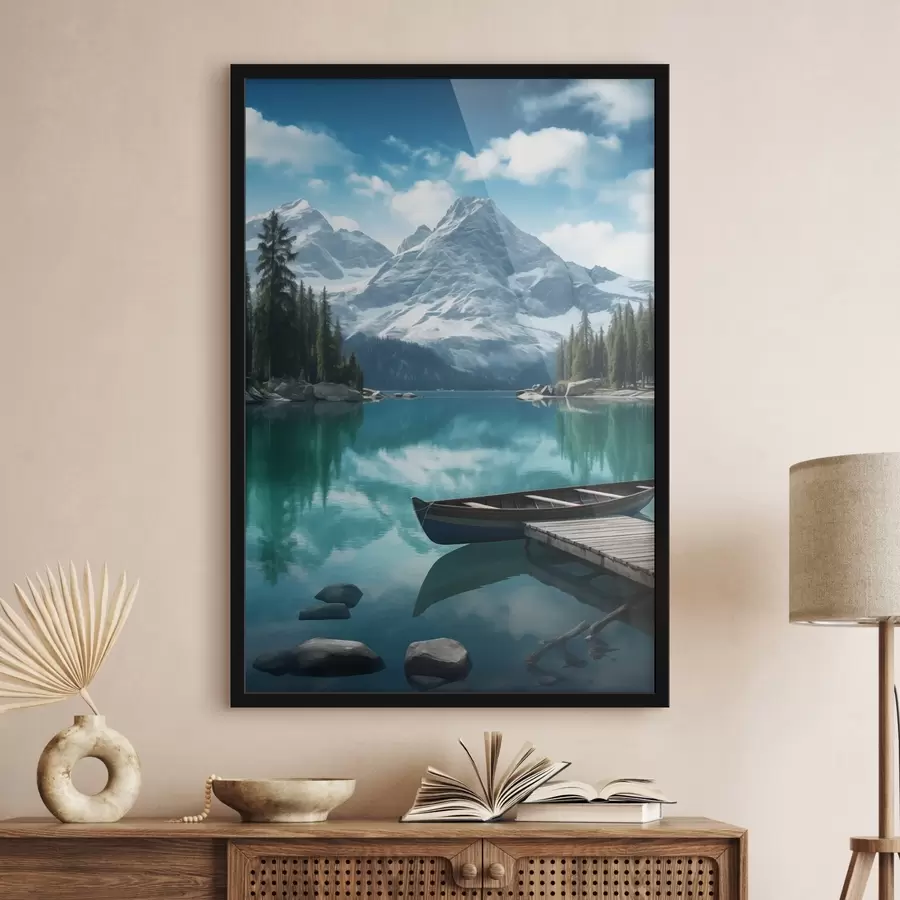 Картина Альпійське озеро з каное і засніженими вершинами f46481