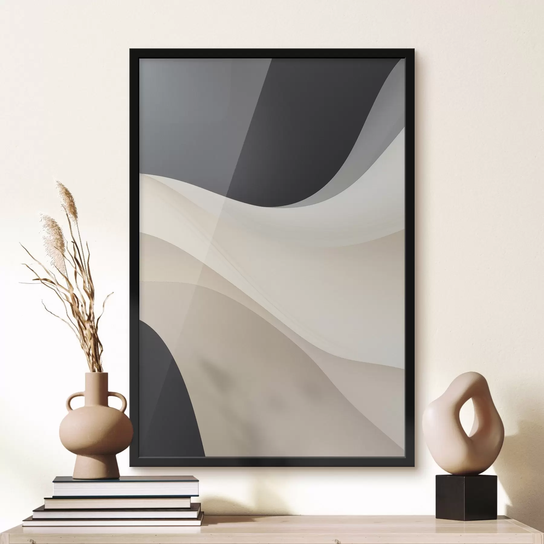 Картина Багатошарові плавні криві в чорному, кремовому та сірому кольорах f46492