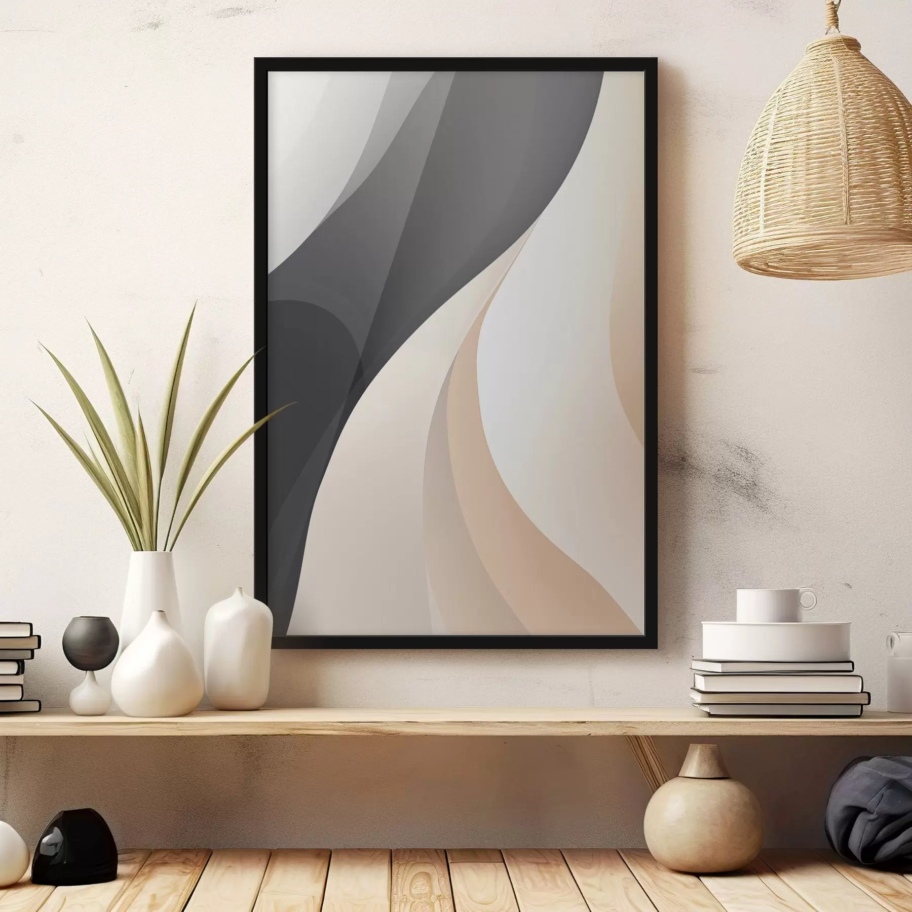 Картина Елегантні перекриваючі криві в кольорах вугілля, слонової кістки та піску f46493
