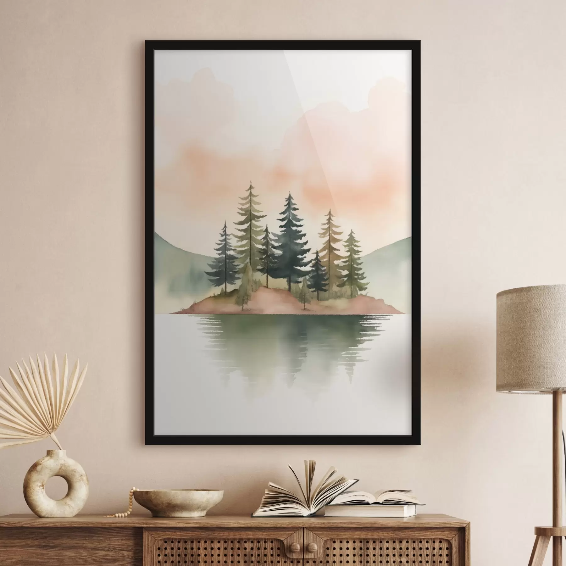 Картина Акварельні сосни на туманному острівці, м'яке персикове небо f46505