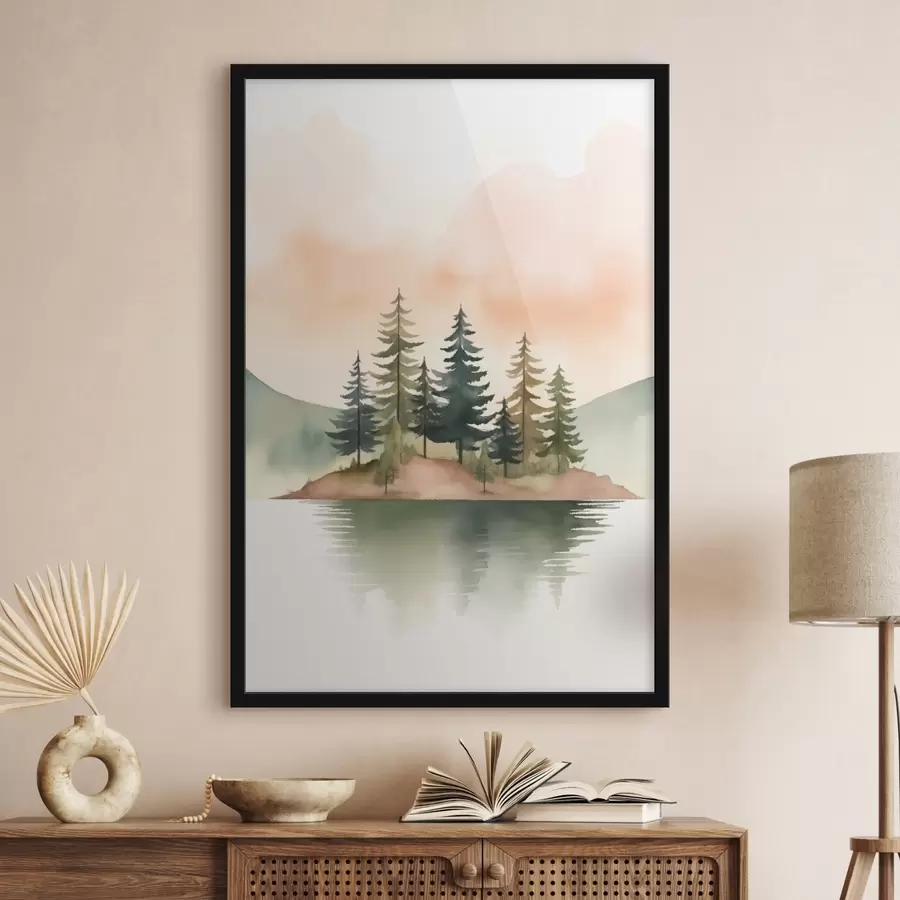 Картина Акварельні сосни на туманному острівці, м'яке персикове небо f46505