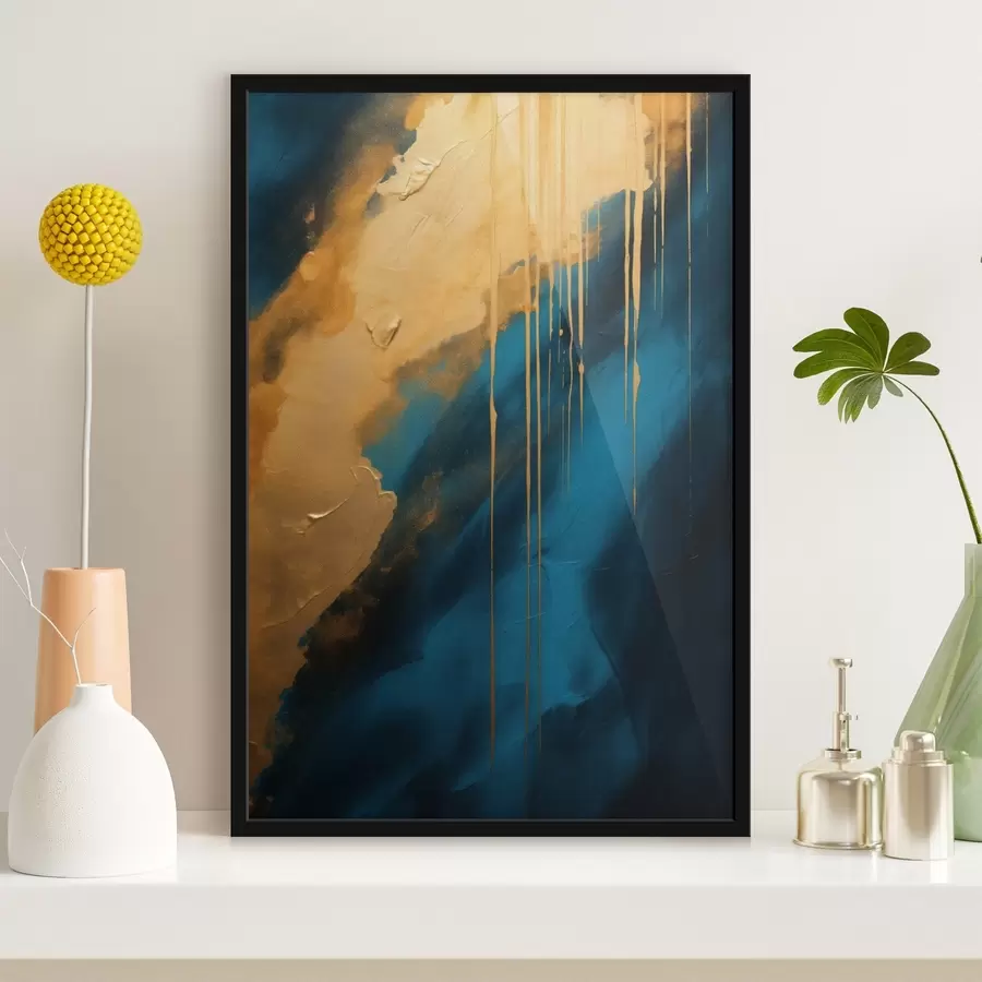 Картина Бірюзовий і темно-синій абстрактний малюнок з плавними теплими відблисками f46509