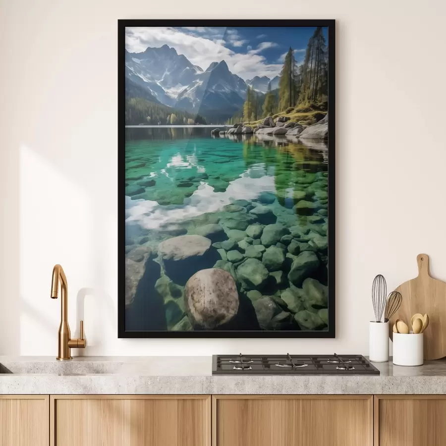 Картина Смарагдове альпійське озеро з скелями під ним і високими вершинами f46515