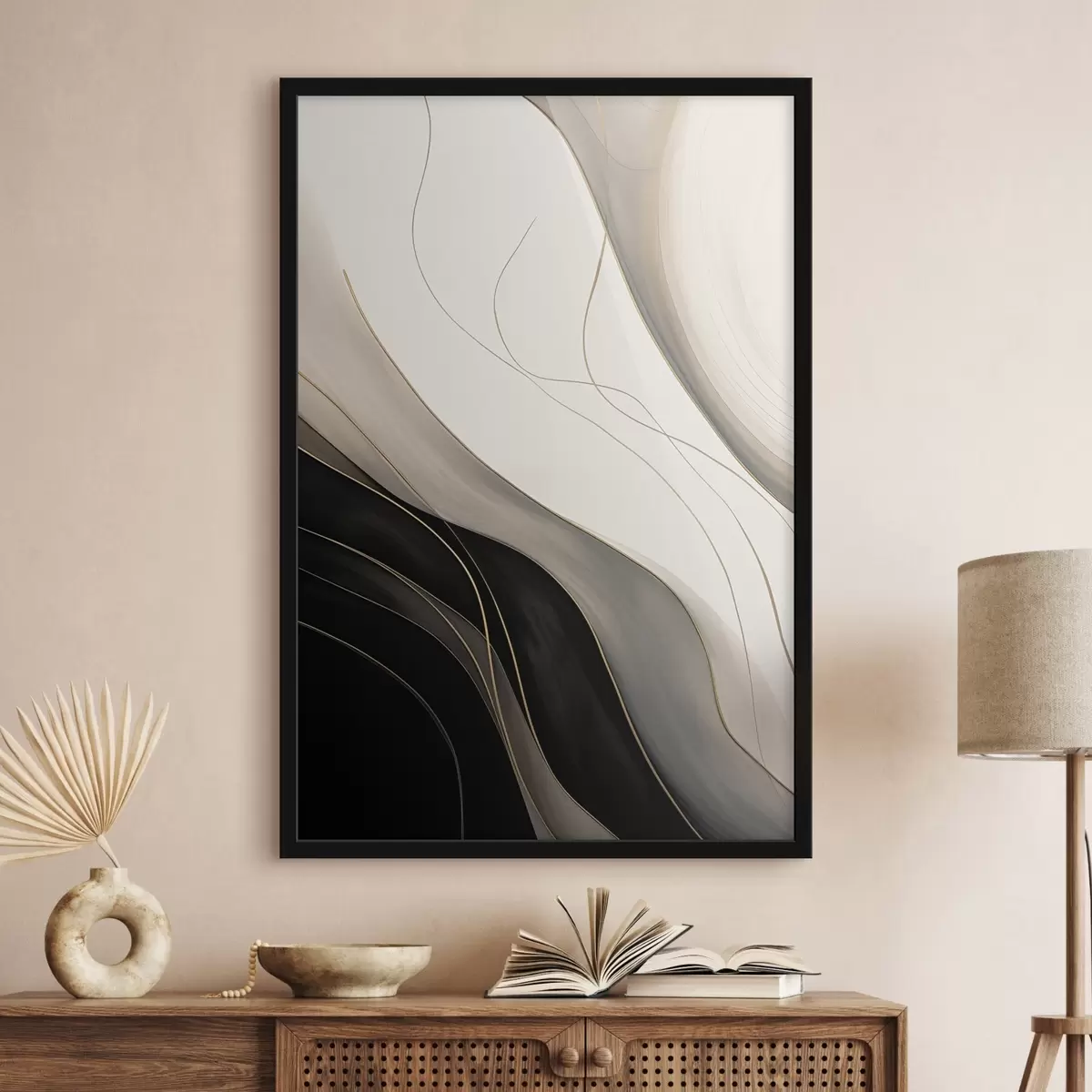Постер Хвилі чорного та бежевого кольорів з тонкими охристими лініями f46541