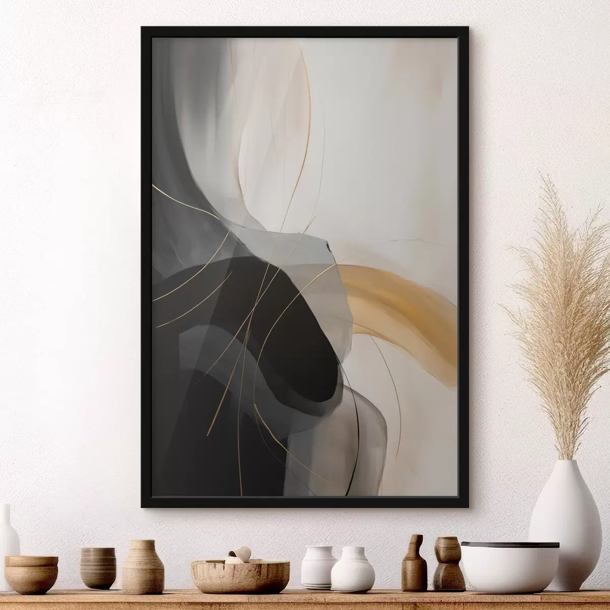 Постер М'які вигини в чорному та бежевому кольорах з теплим акцентом f46542