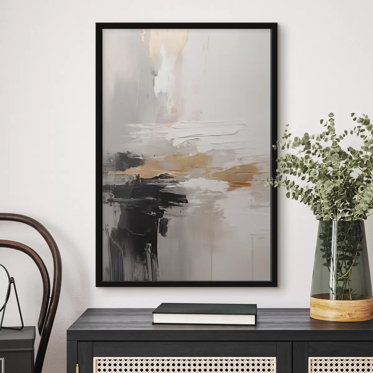 Постер Мазки в нюдових тонах з контрастним чорним і охристим шаром f46544