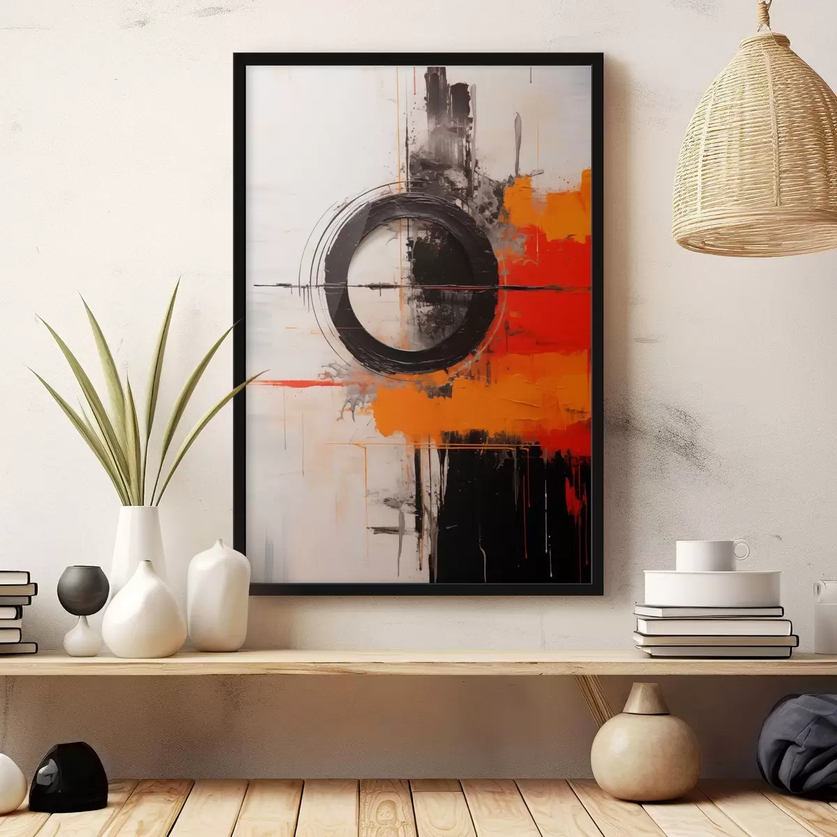 Постер Чорне коло на білому тлі, помаранчеві штрихи та бризки f46549