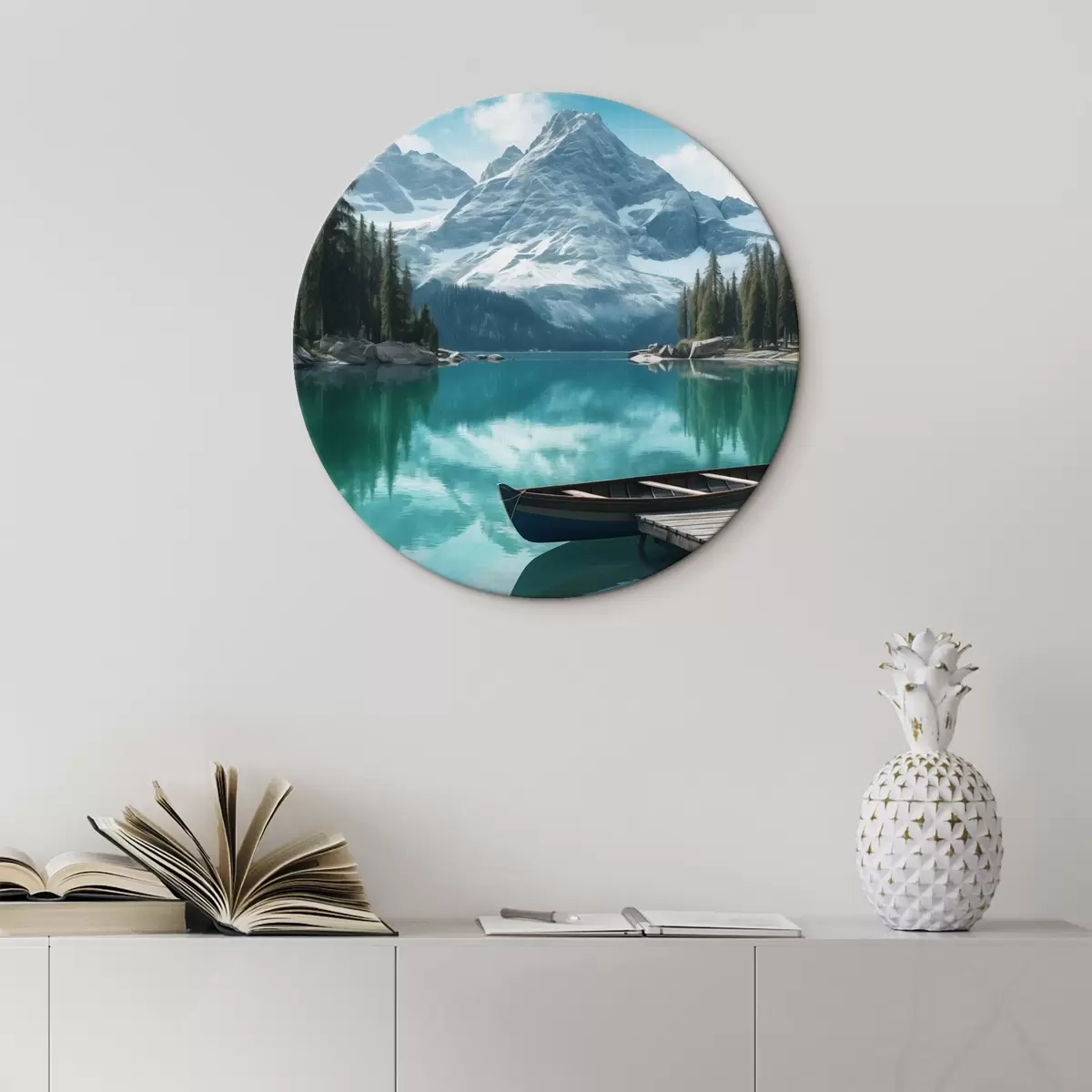 Кругла картина Альпійське озеро з каное і засніженими вершинами r46481