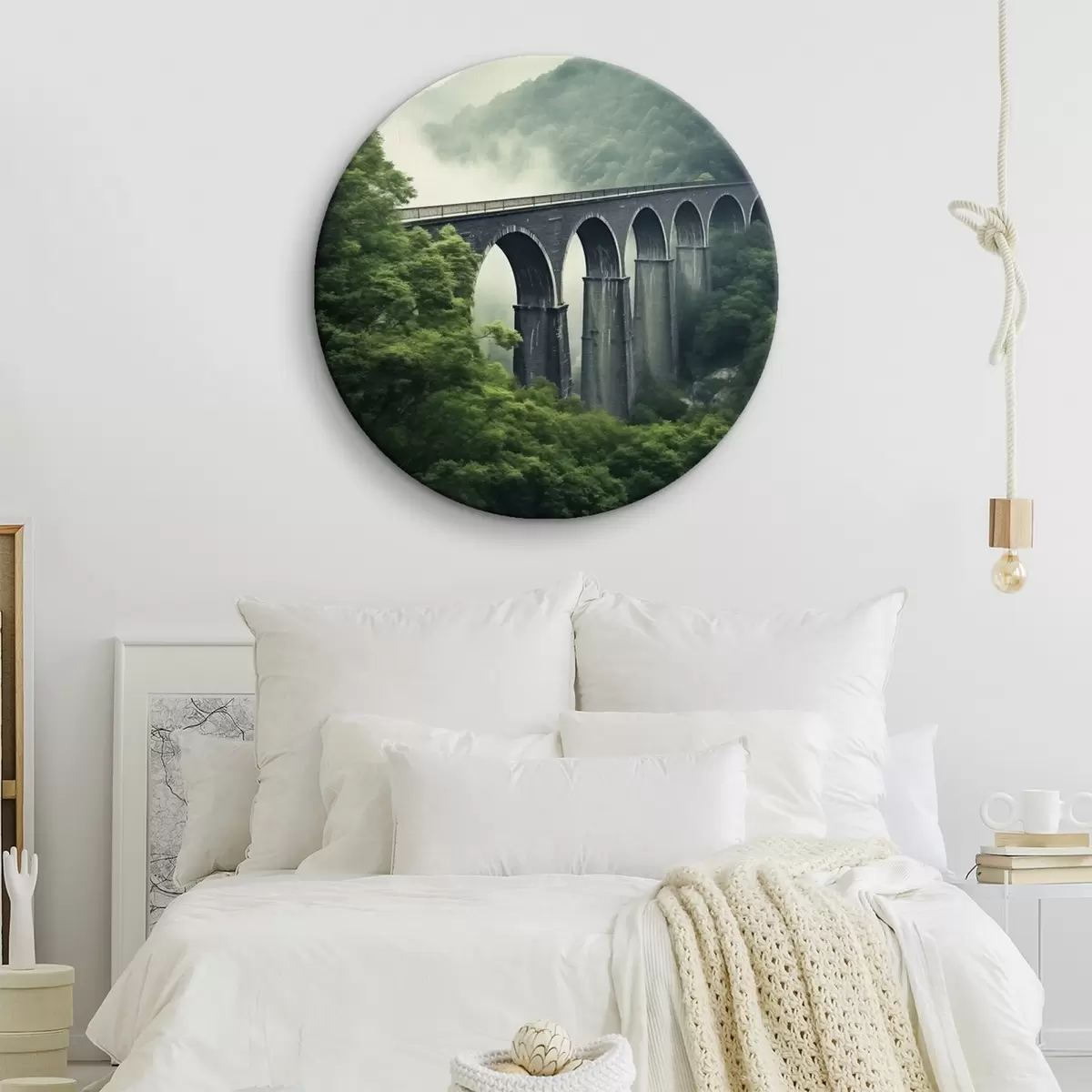 Кругла картина Кам'яний віадук над туманною лісистою долиною r46483