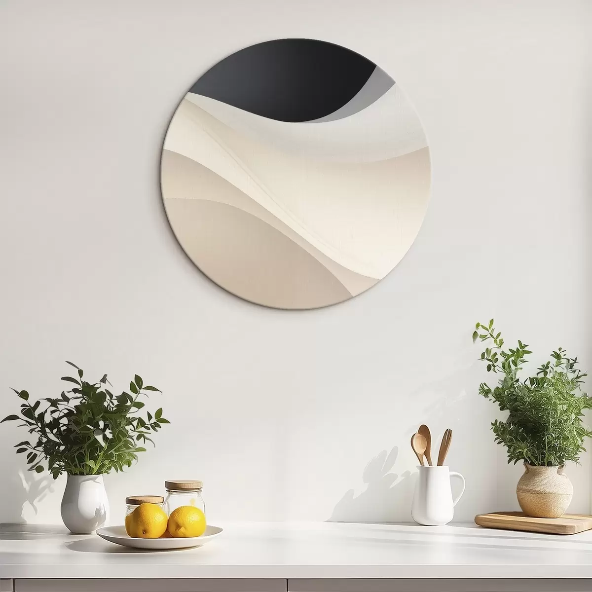 Кругла картина Багатошарові плавні криві в чорному, кремовому та сірому кольорах r46492