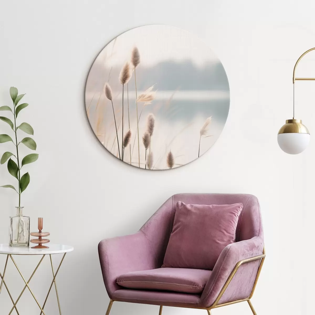 Кругла картина М'які очерети на березі туманного озера, пастельні бежеві тони r46504