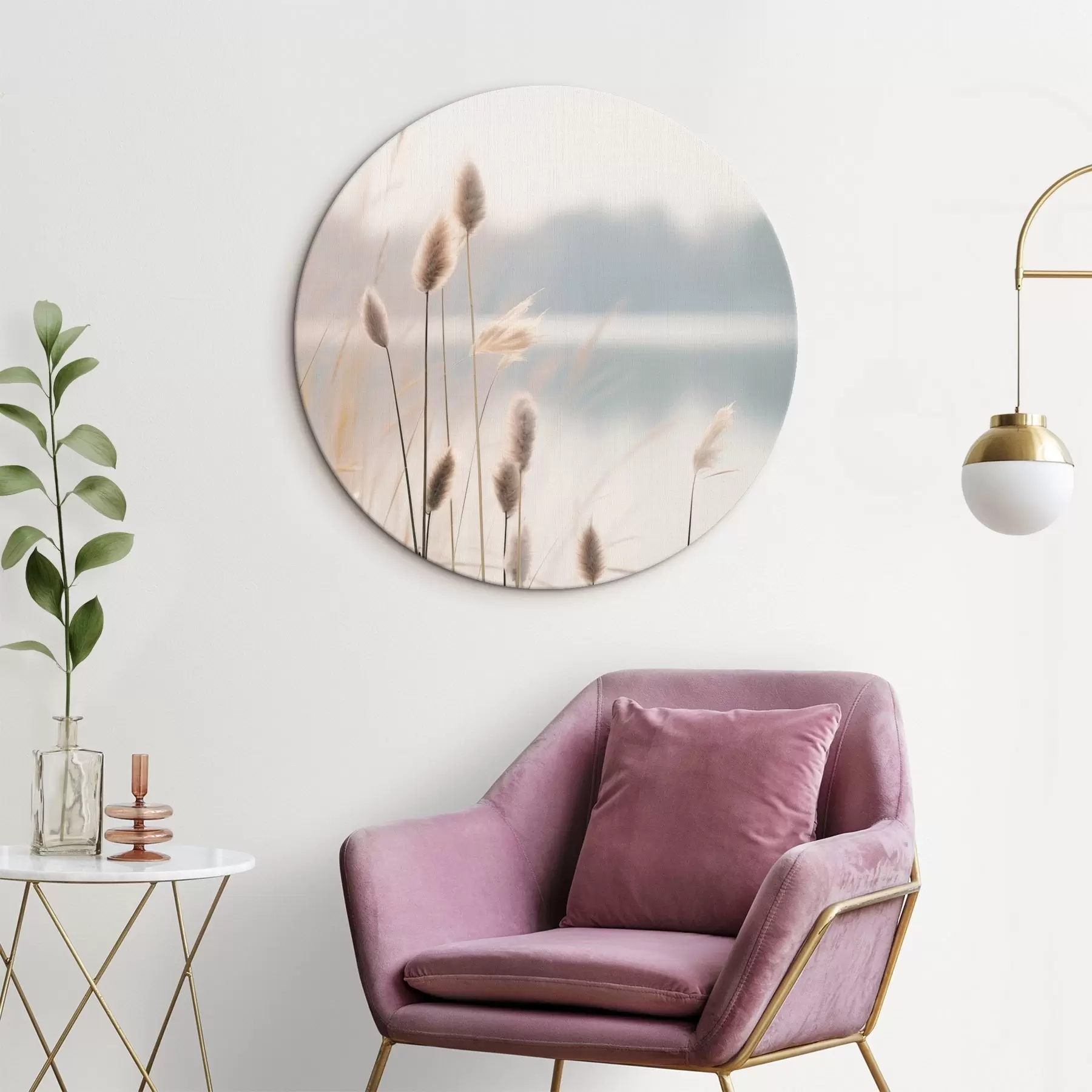 Картина М'які очерети на березі туманного озера, пастельні бежеві тони r46504