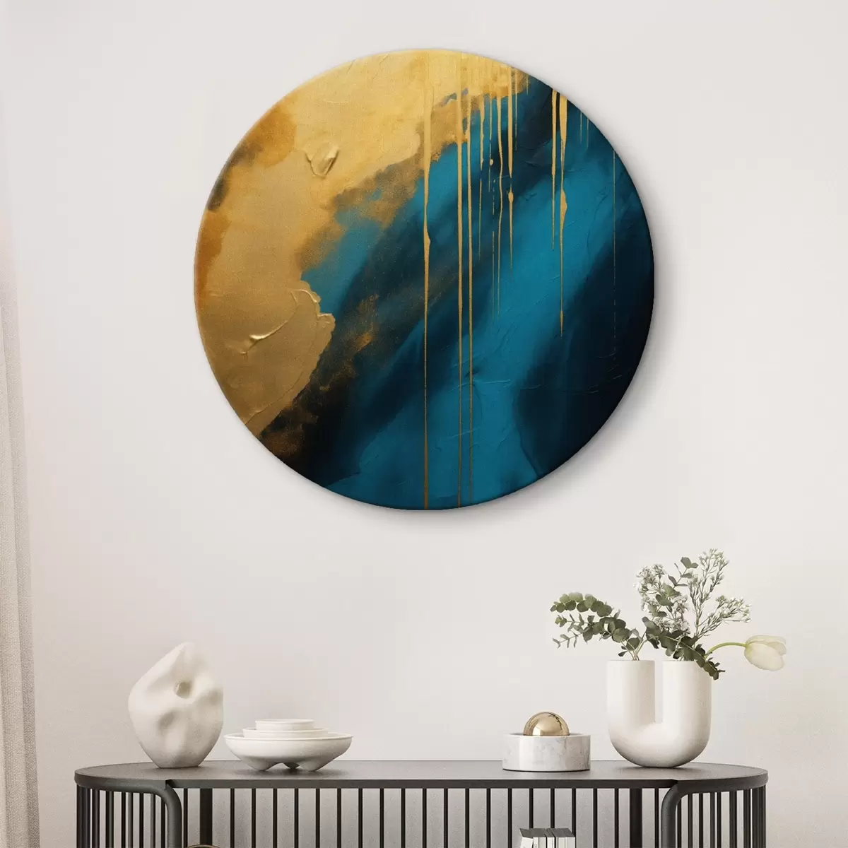 Кругла картина Бірюзовий і темно-синій абстрактний малюнок з плавними теплими відблисками r46509