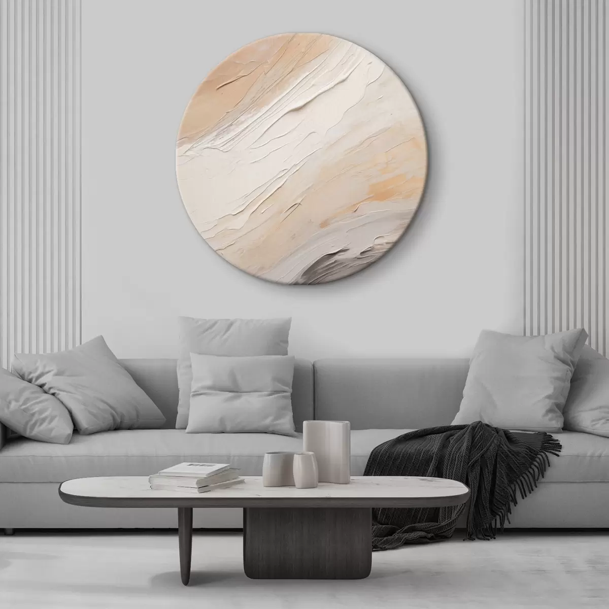 Кругла картина Текстурована штукатурка у вигляді завитків теплого бежевого кольору з м'яким сірим відтінком r46511