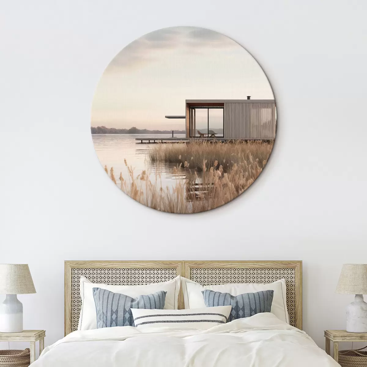 Кругла картина Сучасна хатина на березі озера серед очерету в м'якому сутінку r46513