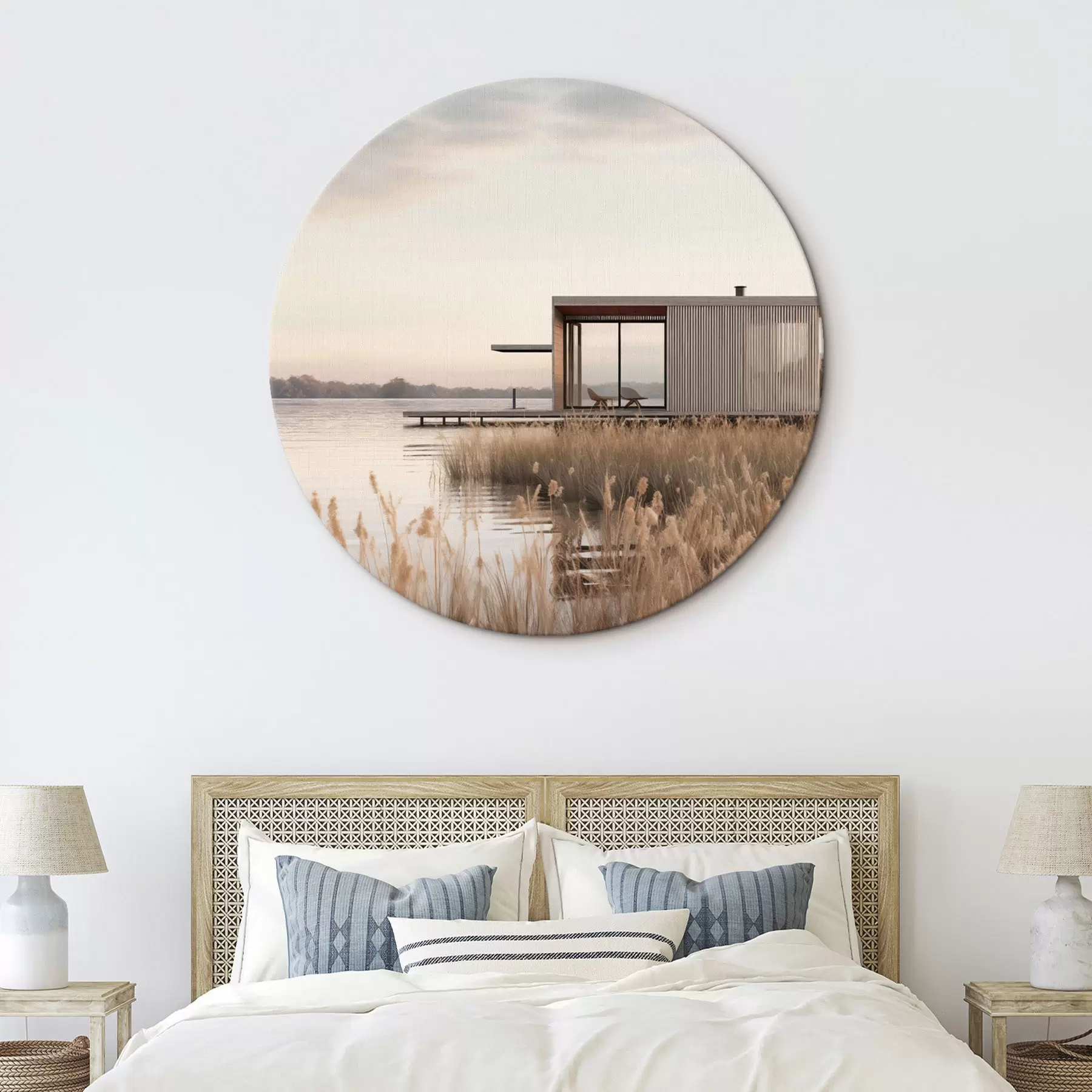 Картина Сучасна хатина на березі озера серед очерету в м'якому сутінку r46513