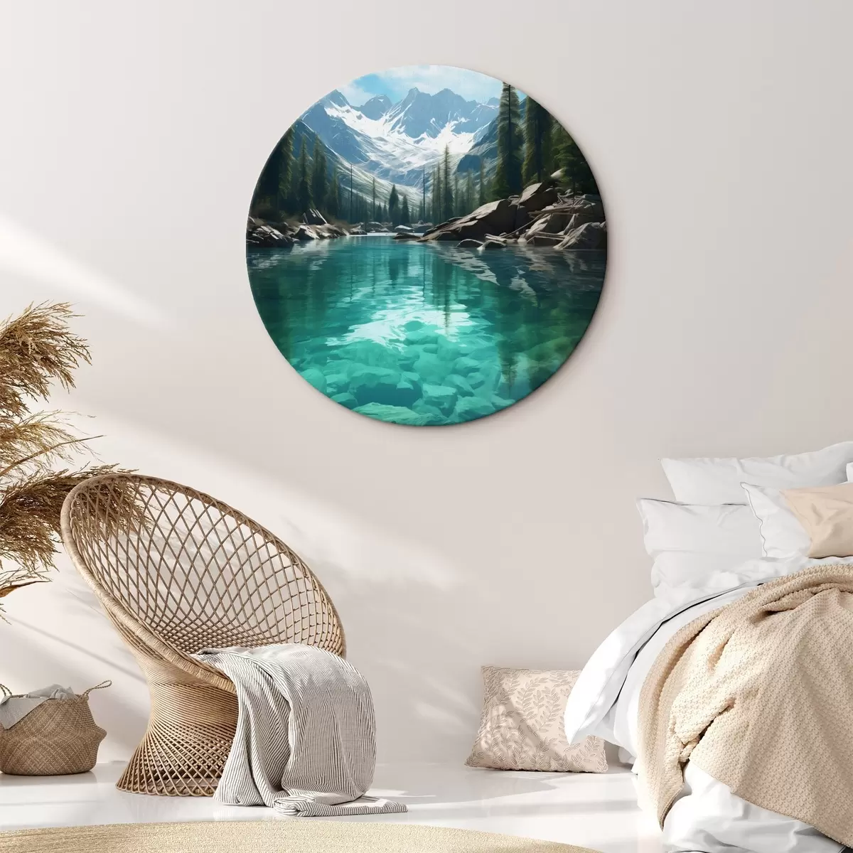 Кругла картина Чиста альпійська річка з кам'янистим дном і засніженими вершинами r46514