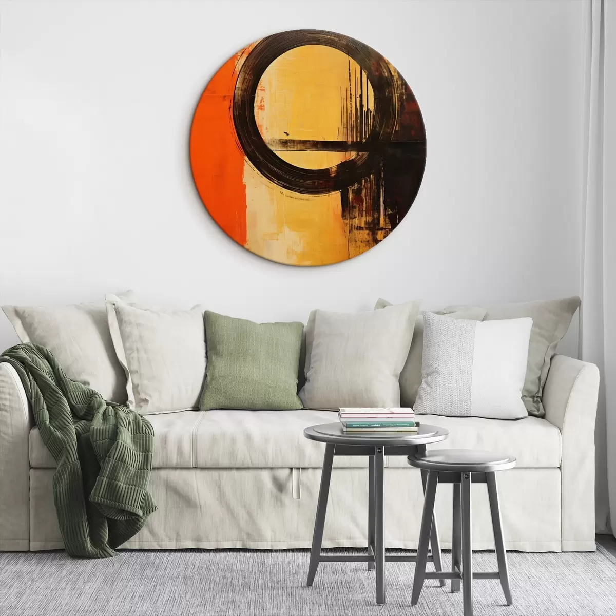 Кругла картина Абстрактний малюнок з чорним кільцем на теракотово-піщаному тлі r46529