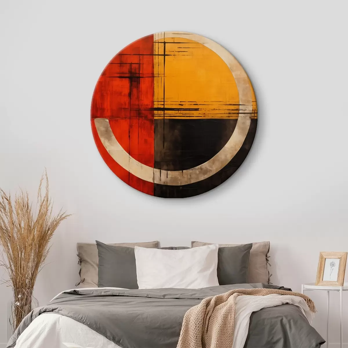 Кругла картина Абстрактне коло на червоно-чорному тлі з лініями r46535