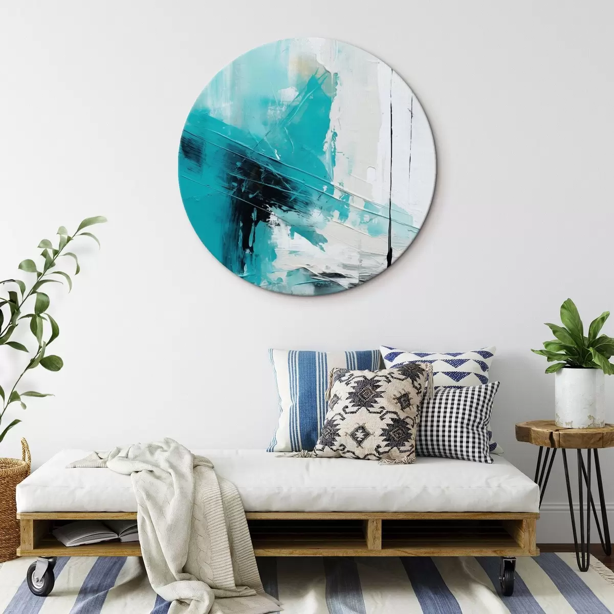 Кругла картина Бірюзові штрихи на білому тлі з чорною рискою r46545