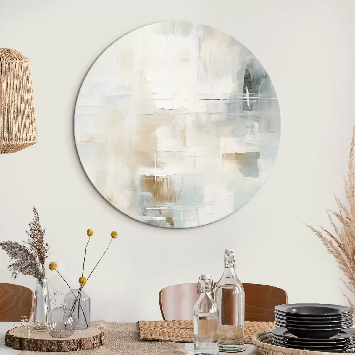 Кругла картина Легкі мазки синього і бежевого на білому r46547