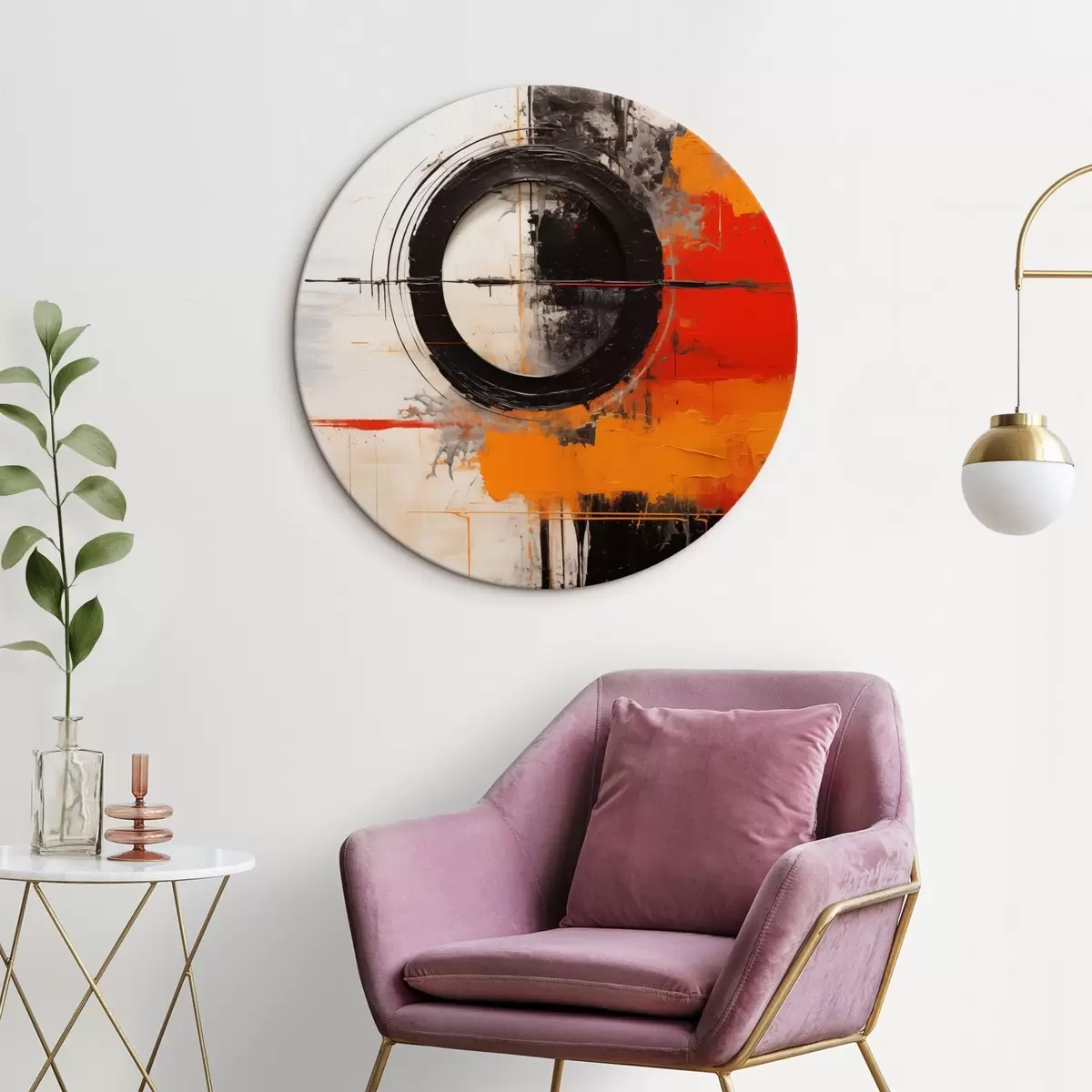 Кругла картина Чорне коло на білому тлі, помаранчеві штрихи та бризки r46549