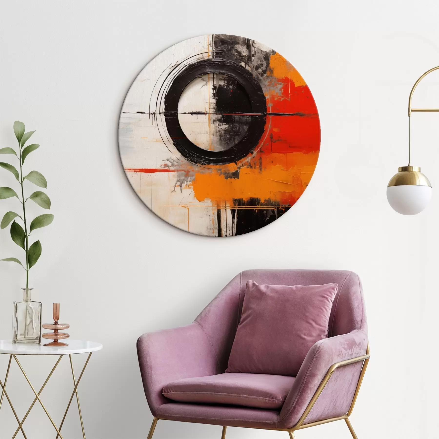 Картина Чорне коло на білому тлі, помаранчеві штрихи та бризки r46549