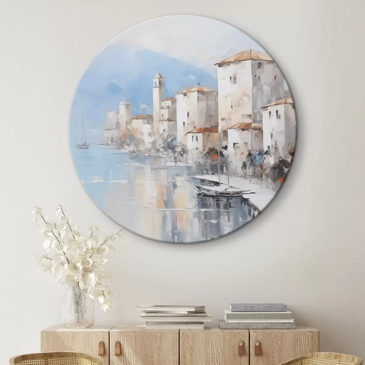 Кругла картина Абстрактні будинки біля затоки імітація живопису r46673