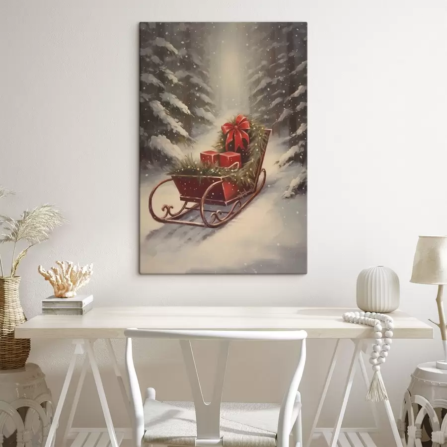 Картина Різдвяні сани з подарунками в засніженому лісі s46630