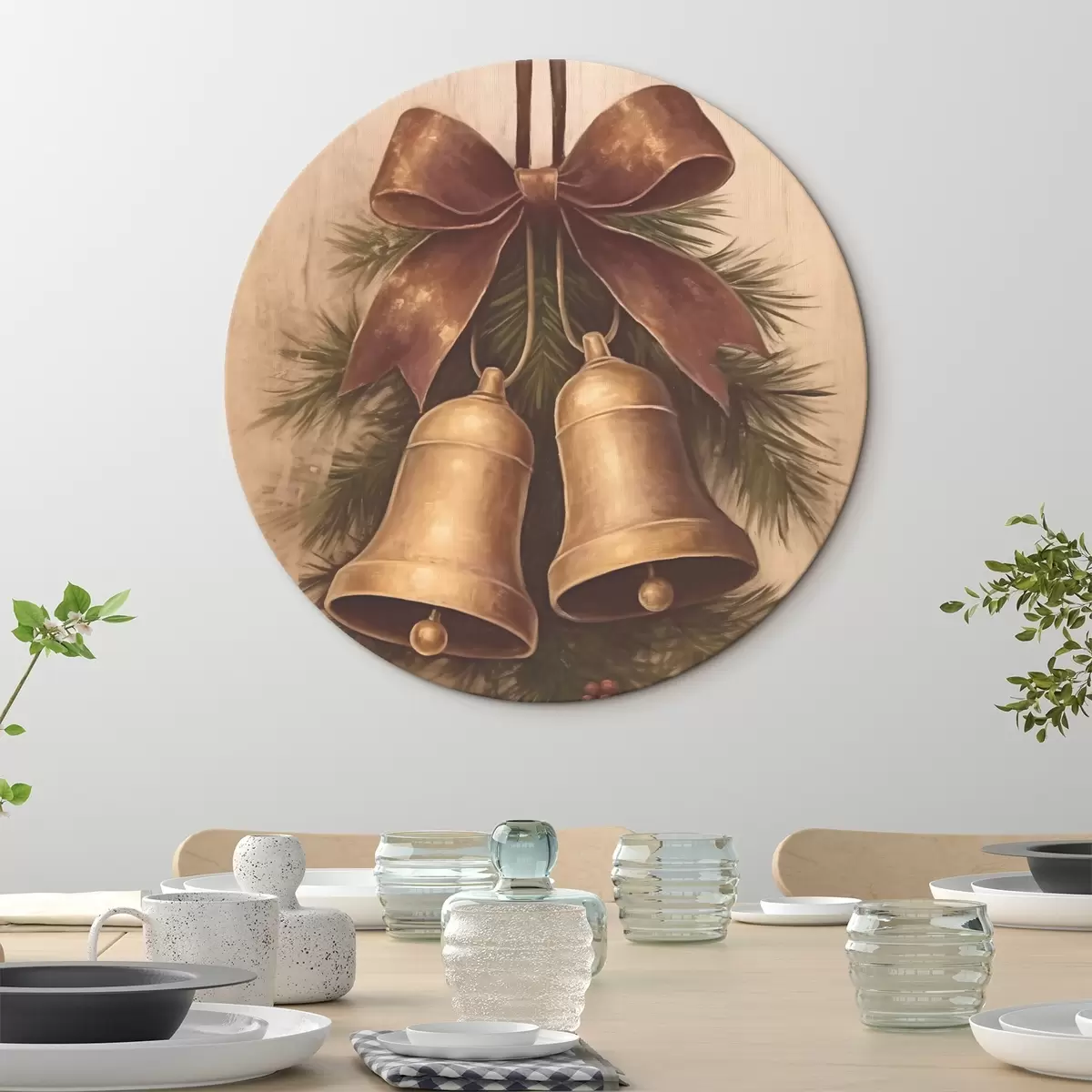 Кругла картина Вінтажний різдвяний декор з двома дзвіночками та бантиком r46626