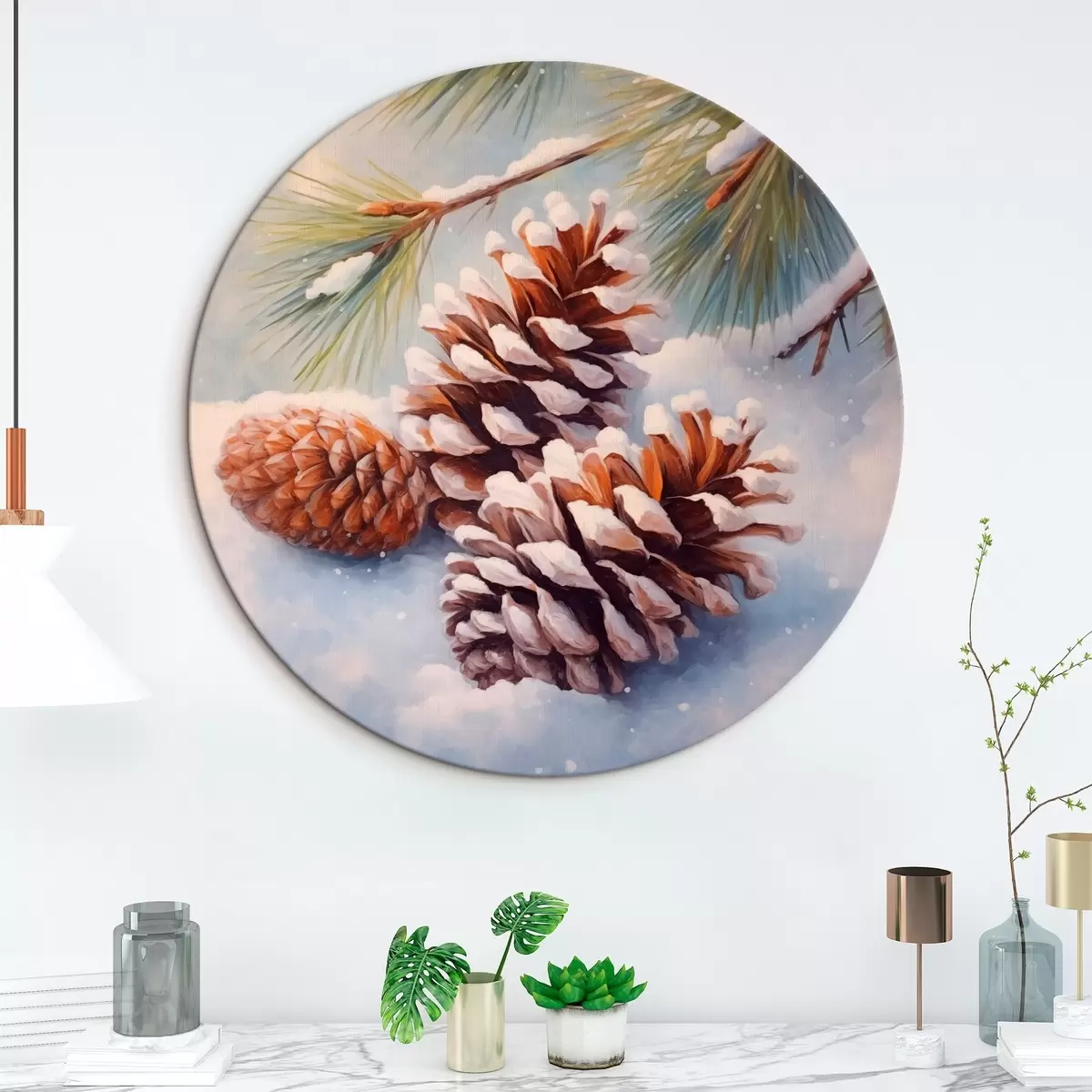 Кругла картина Засніжені соснові шишки та гілки r46631