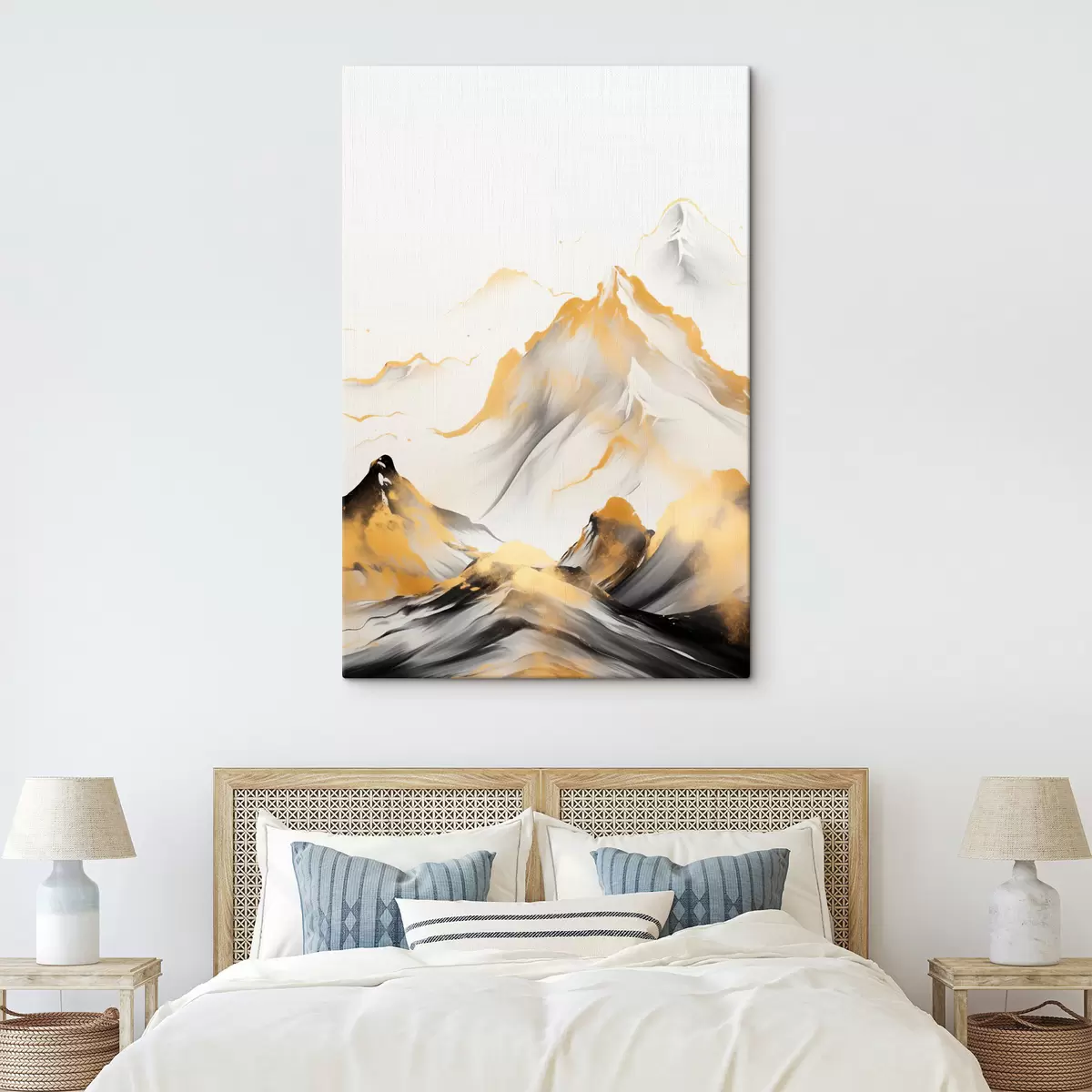 Картина Текстуровані жовті та чорні гори зі сніговими вершинами, стиль тушового живопису, мінімалістичний гірський хребет s46683