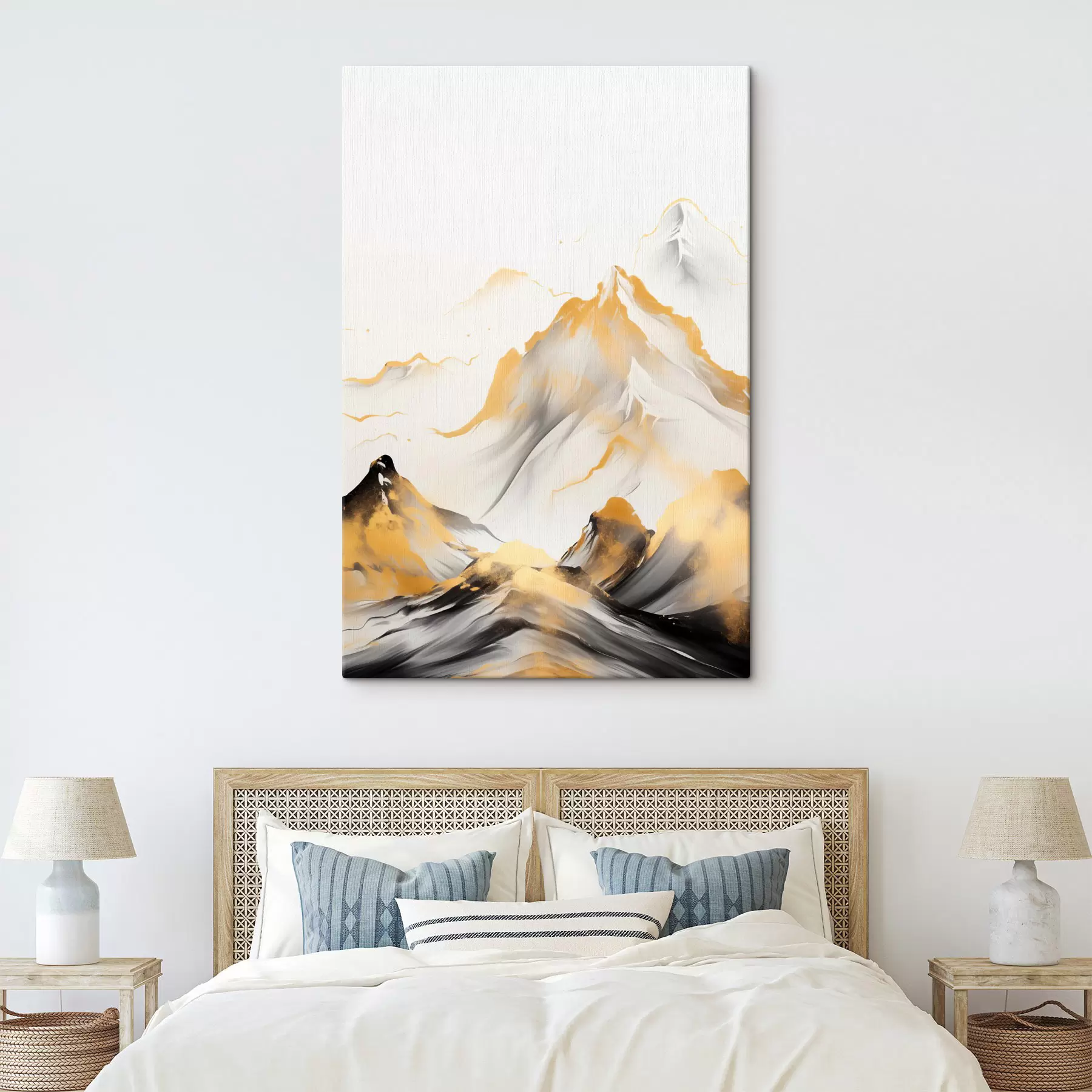 Картина Текстуровані жовті та чорні гори зі сніговими вершинами, стиль тушового живопису, мінімалістичний гірський хребет s46683