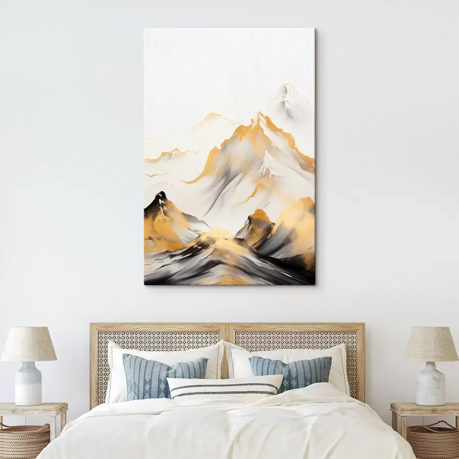 Картина Текстуровані жовті та чорні гори зі сніговими вершинами, стиль тушового живопису, мінімалістичний гірський хребет s46683